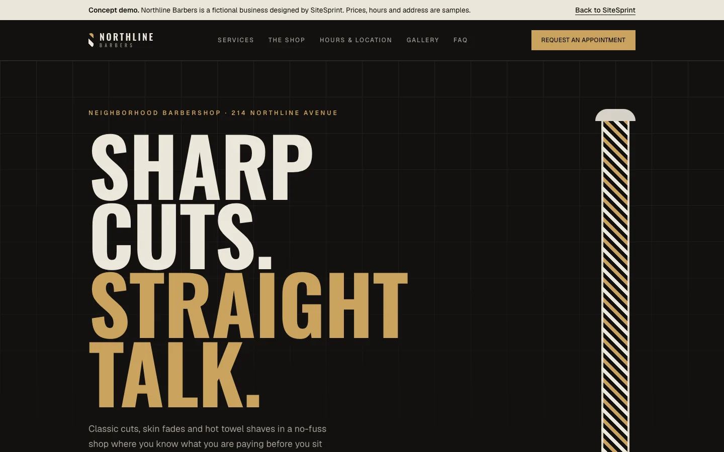 Screenshot of the Northline Barbers demo website: a dark homepage with the headline 'Sharp cuts. Straight talk.' and a Request an Appointment button.